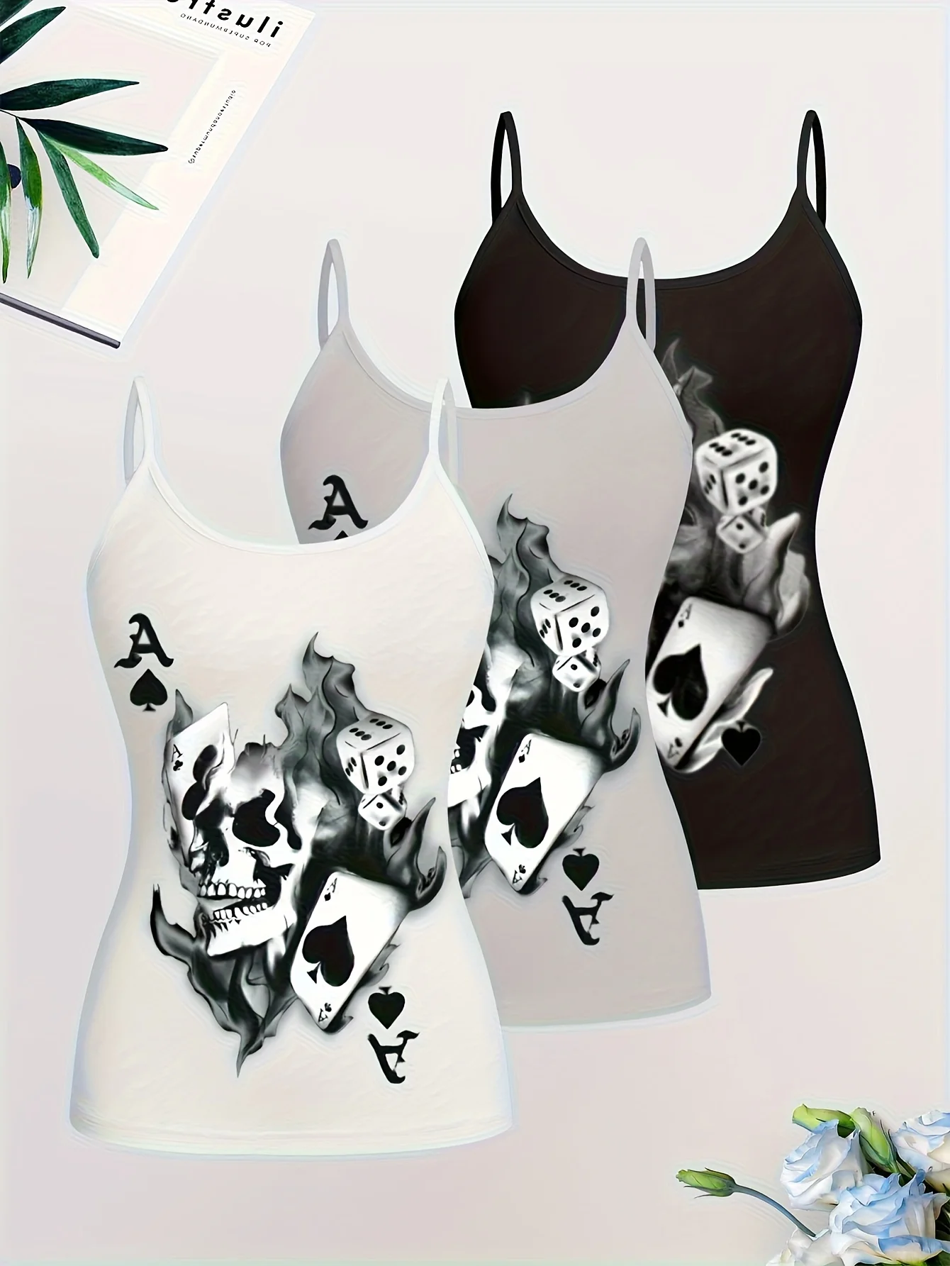 Plus Size Women's 3 Piece Skull & Poker Print Spaghetti Strap Tank Top Set