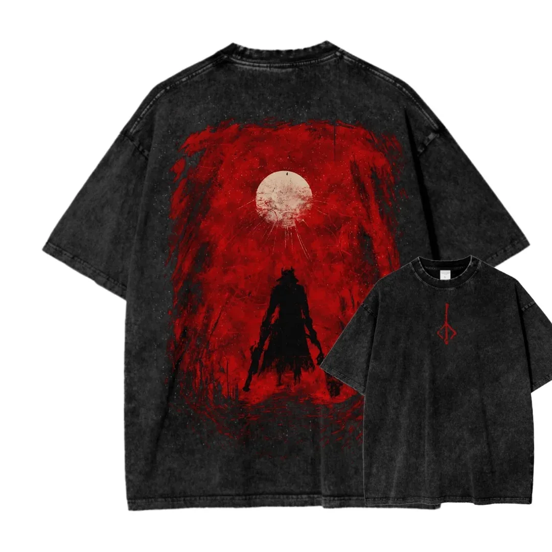 Washed Vintage Bloodborne T Shirt Men Women Beast Wolf Red Moon Horror Gothic Dark Game Graphic Cotton Unisex Streetwear Tee - Image 4