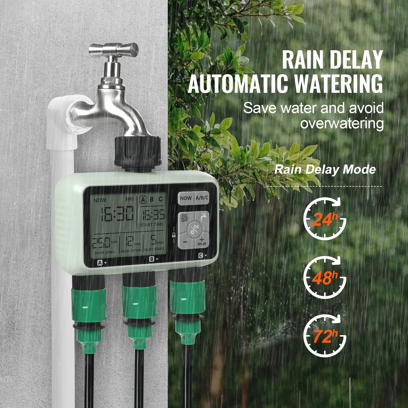 SucceBuy Water Timer 3 Outlets Hose 3 Independent Watering Zone LCD Display Rain Delay Mode Manual Mode Watering Sprinkler Timer - Image 4
