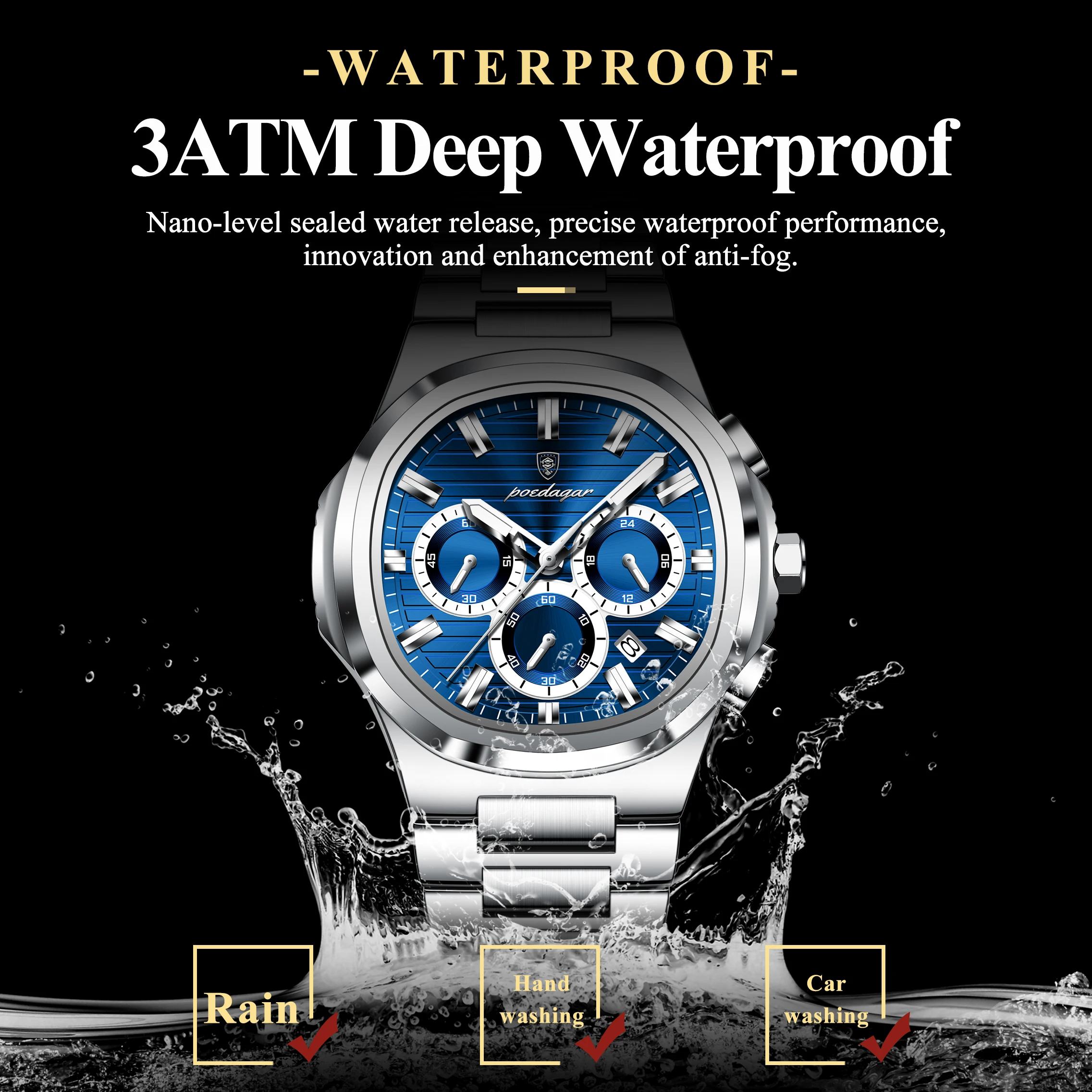 POEDAGAR Business Man Wristwatch Date Chronograph Waterproof Luminous Luxury Men Watch Stainless Steel Quartz Men's Watches Male - Image 2