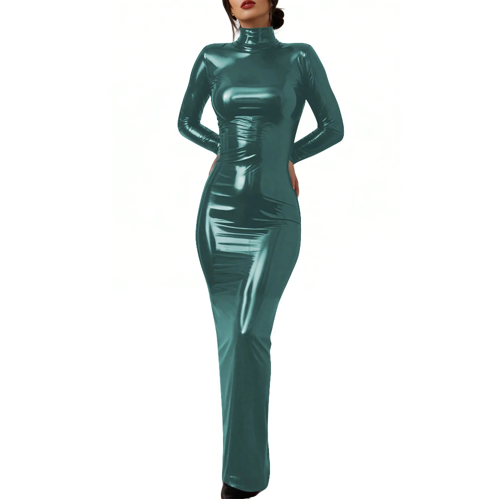 Plus Size Vintage Movie Glossy PVC Dress Gothic Lock Back Cosplay Old Hollywood Bodycon High Neck Costume Gown Sexy Party Dress - Image 3