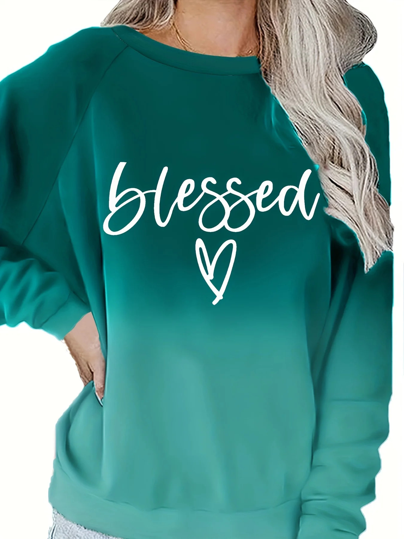 Ombre Gradient Blessed Letter Heart Print Curvy Women Crew Neck Sweatshirt, Raglan Sleeve Slight Stretch Pullover Top, Casual Spring Fashion Comfortable Versatile Long Sleeve Daily Outfit - Image 6