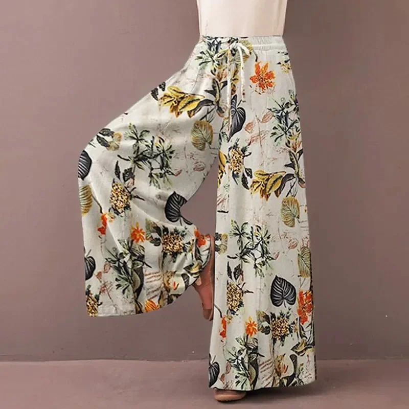 Floral Print Wide Leg Women Pants Spring Drawstring Bohemia Trousers Lady Casual Loose Elastic Waist Pantalonsw Plus Size - Image 4
