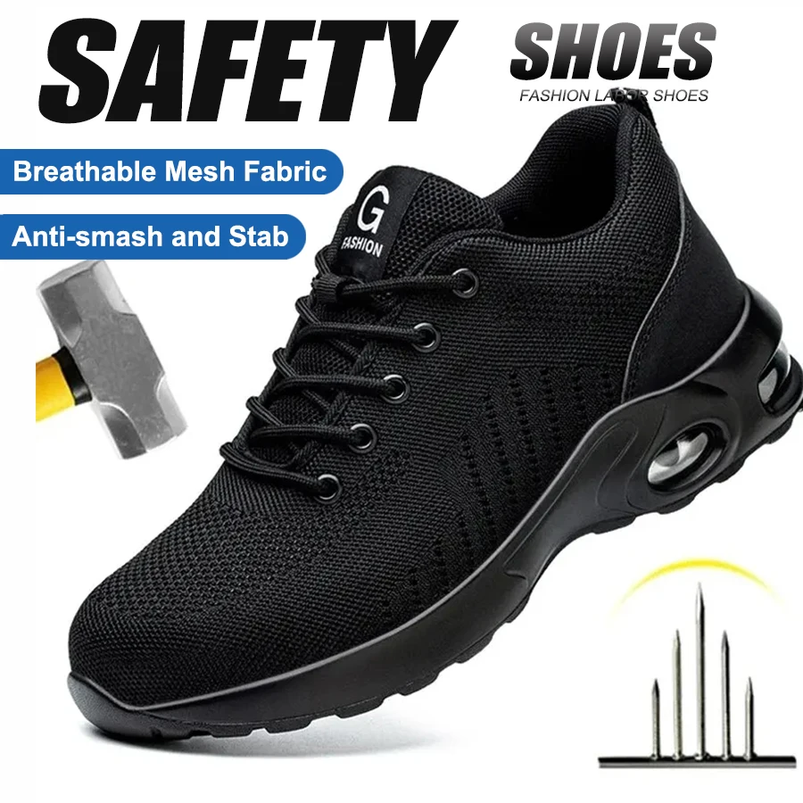 Men Safety Shoes Work Boots, Summer Solid Color Lightweight Breathable Steel Toe Anti-Smash Indestructible Tactical Work Sneakers - Image 4