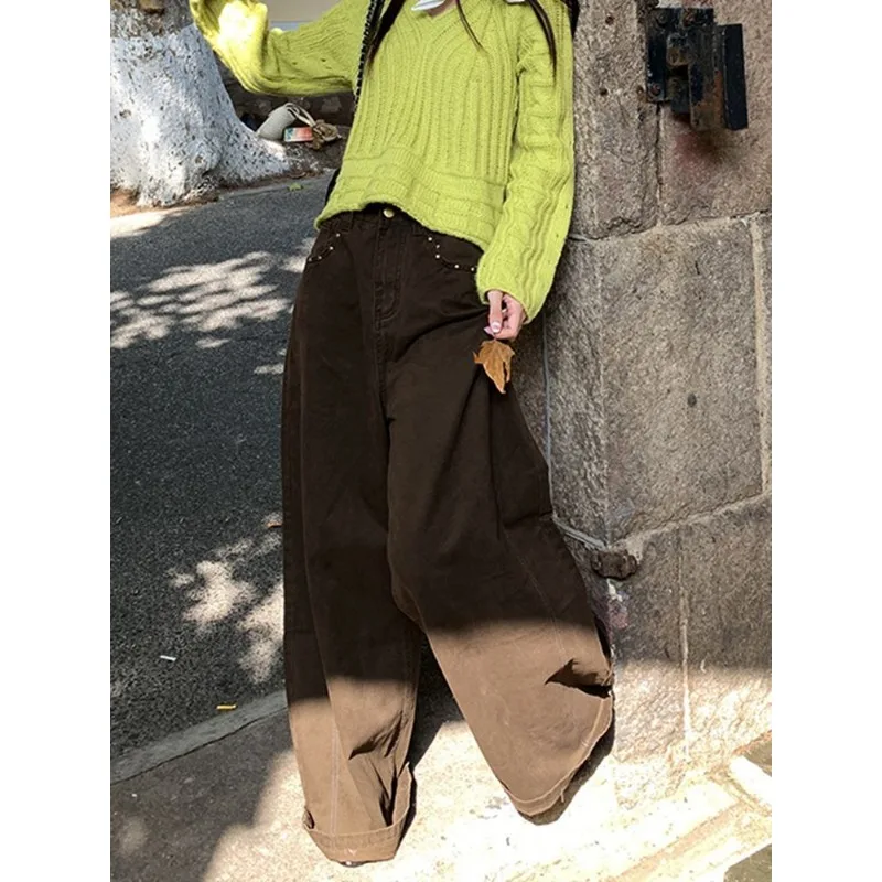 Women Plus Size American Retro Rivet Pocket Jeans Loose Wide Leg Trousers Casual Relaxed Fit Denim Pants For Ladies