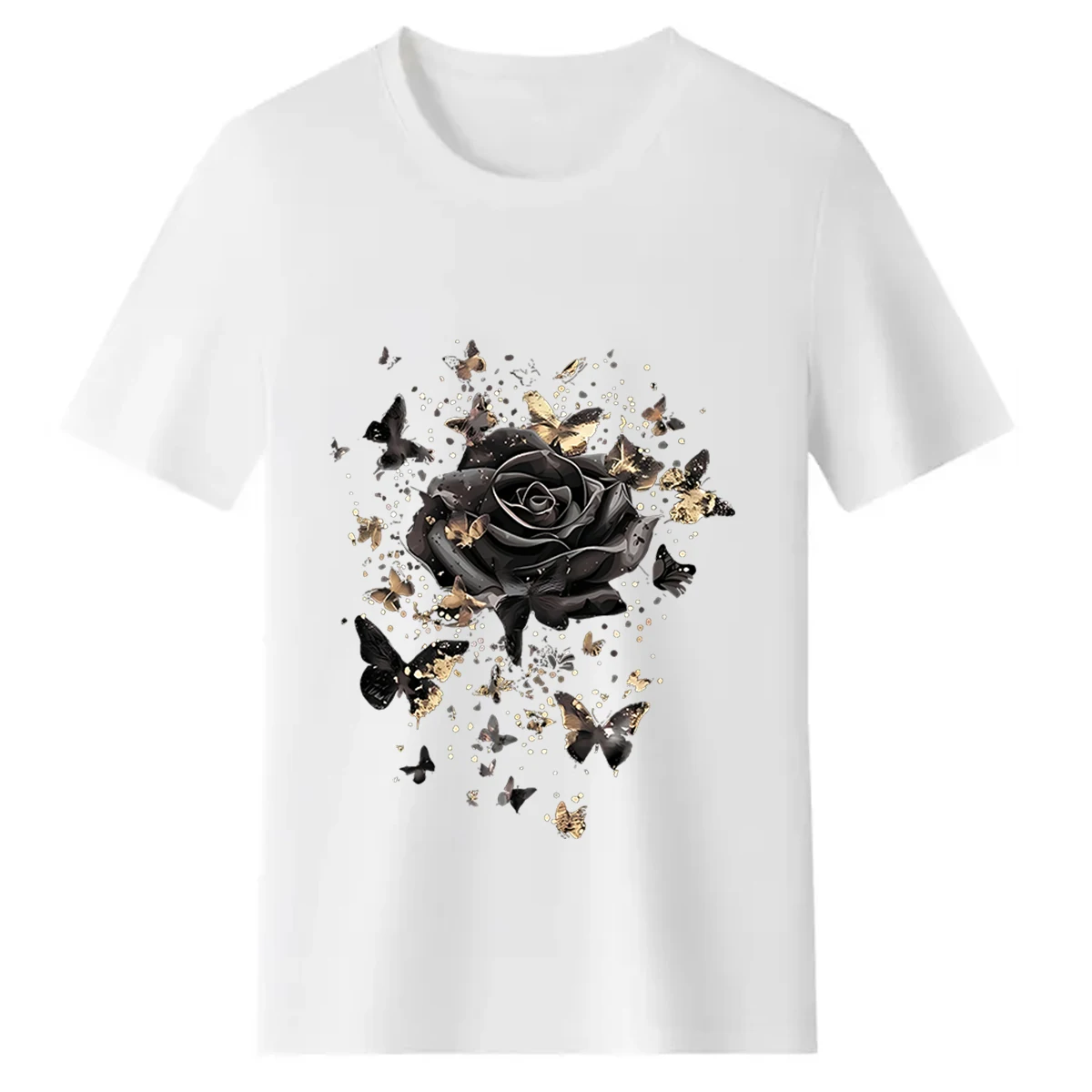Women's Plus-Size Black T-Shirt with Rose Gold Glitter Butterfly Design — 100% cotton, oversized fit, crew neck, short sleeves; perfect for fans of gothic floral aesthetics and ideal for casual street style. - Image 4