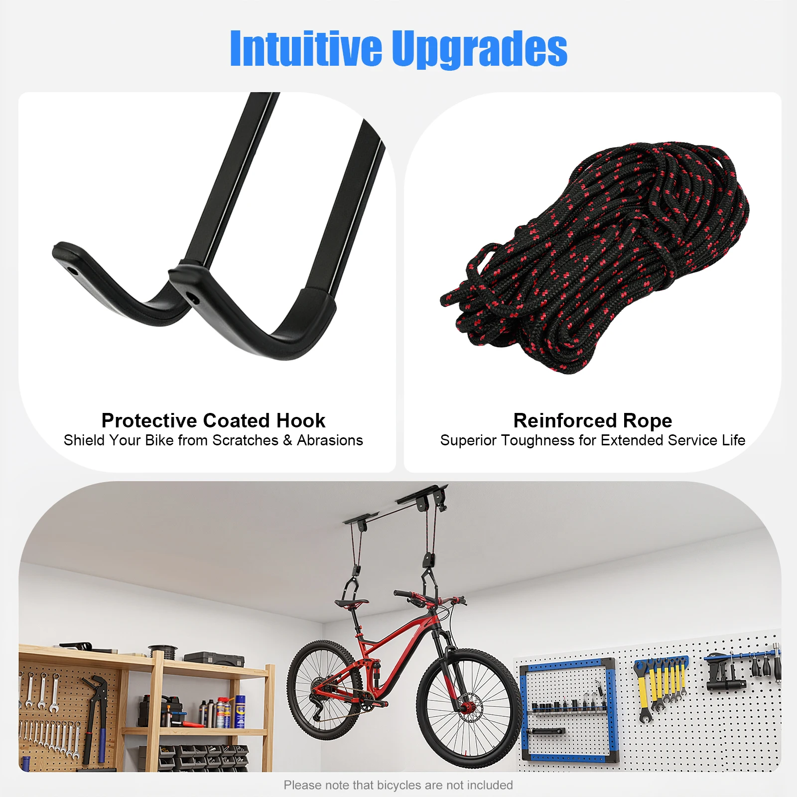 Bike Hoist for Garage Ceiling, Bike Car Carrier Rack, Bicycle Wall Mount Storage System, Pulley Lift, Coated Hooks, Safety Straps, Easy Install Ceiling Hanger for Mountain Bike Road Bike, Space Saving Organizer S Hook Rope - Image 8
