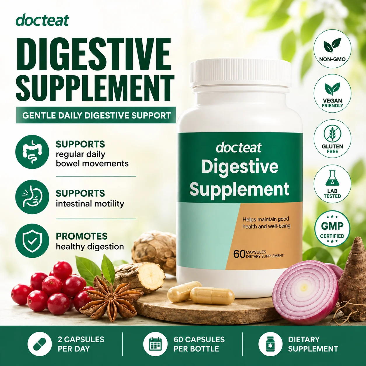 Docteat Digestive Supplement Capsules with Berberine HCl Inulin & Quercetin Supports Regular Bowel Movements 60 Capsules