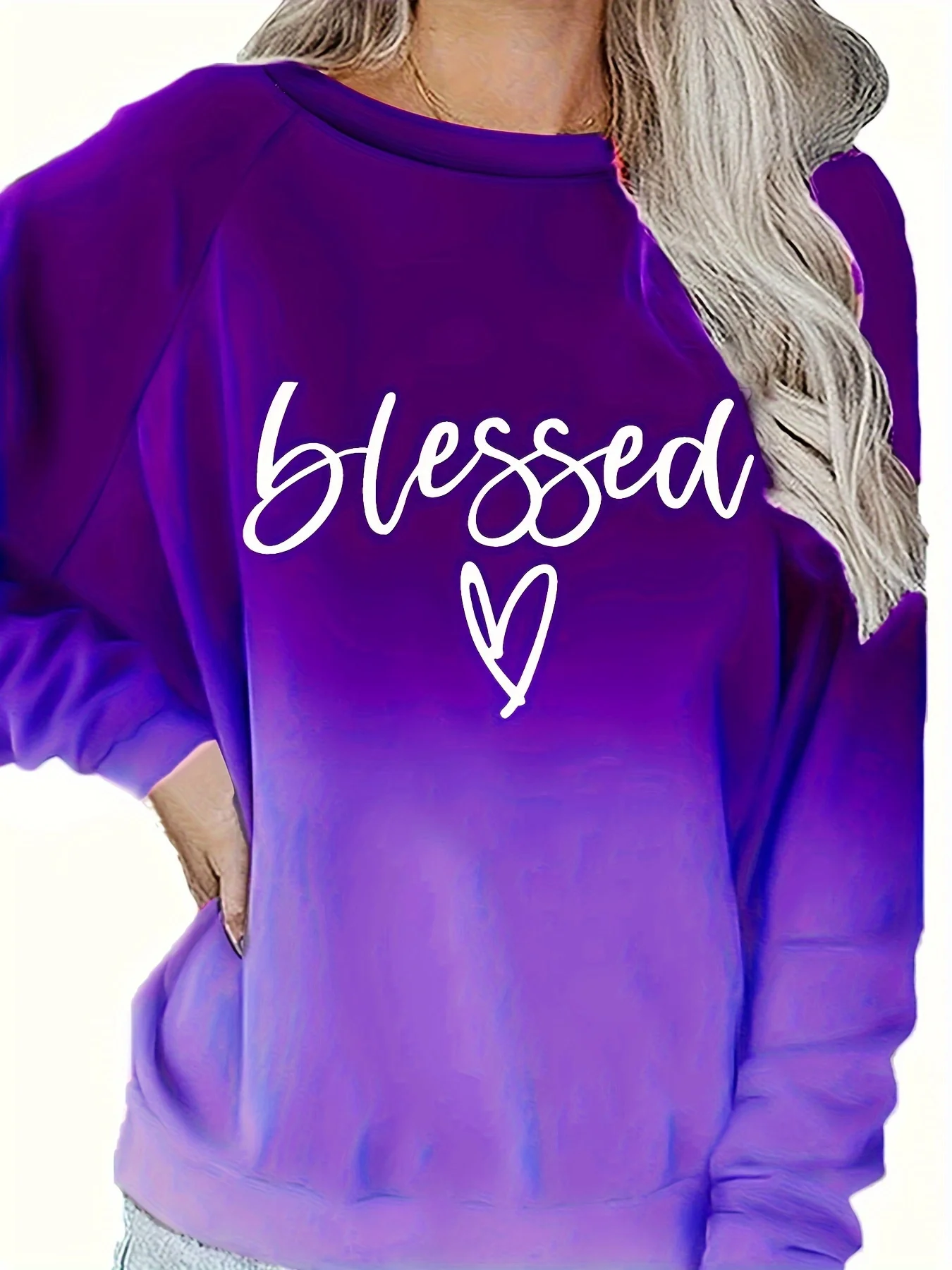 Ombre Gradient Blessed Letter Heart Print Curvy Women Crew Neck Sweatshirt, Raglan Sleeve Slight Stretch Pullover Top, Casual Spring Fashion Comfortable Versatile Long Sleeve Daily Outfit - Image 5