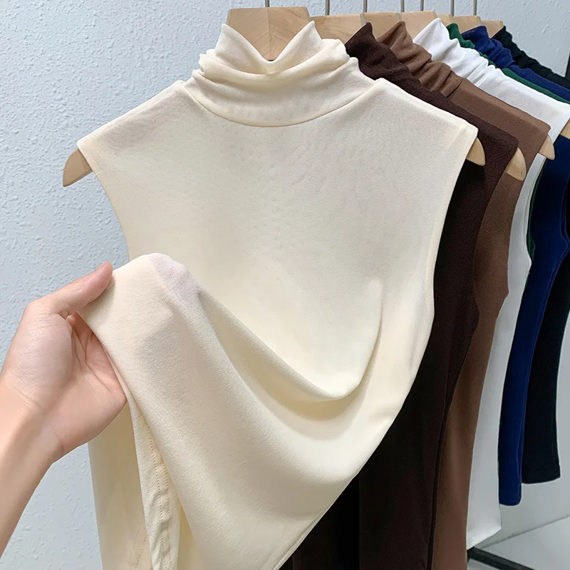 Elastic Mesh High Neck T-shirt New Women's Solid Color Plus Size Sleeveless Basic Top - Image 4