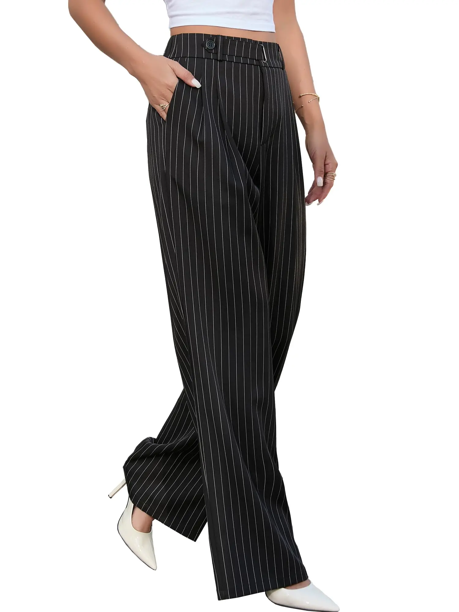 Women Stripe Wide Leg Pants High Waist Luxury Dress Trousers Elegant Business Work Wear - Image 4