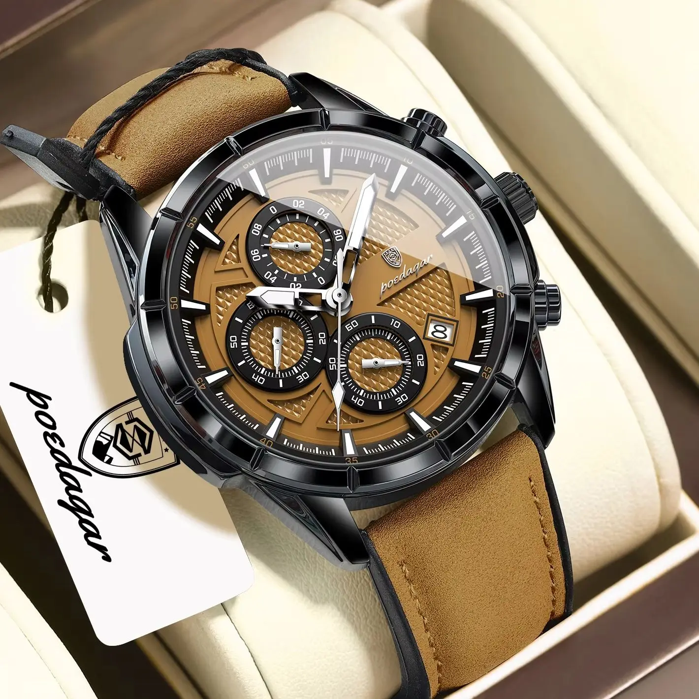 POEDAGAR Fashion Men Wristwatch Luminous Waterproof Leather Quartz Sports Men's Watches Date Chronograph Military Man Clock Gift