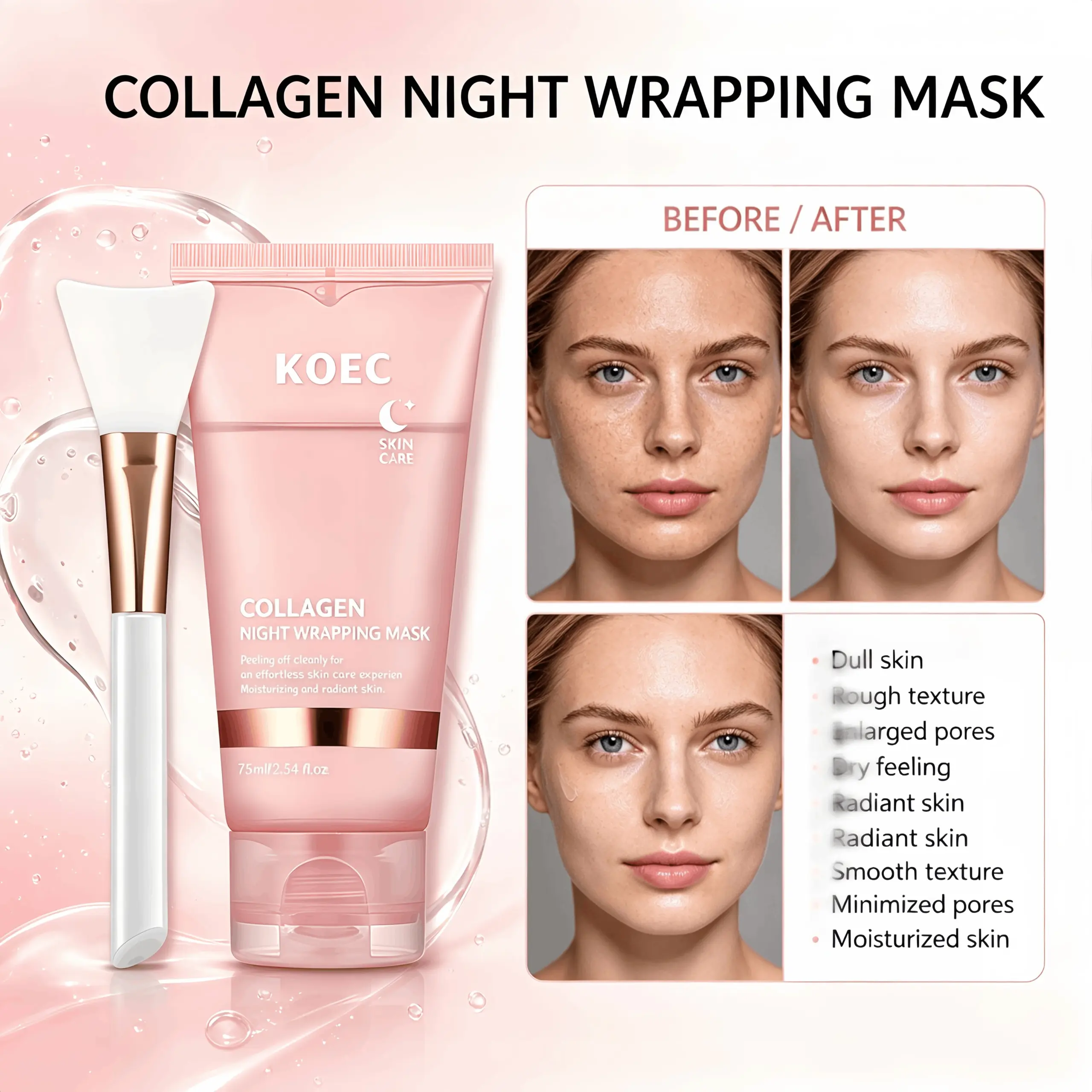 Collagen Peel Off Night Wrapping Mask, KOEC Hydrating Overnight Sleeping Facial Mask with Applicator Brush, Deep Collagen Moisturizer, Revives Dull Skin, Clean Peeling Skincare Mask for Smooth Radiant Complexion - Image 8