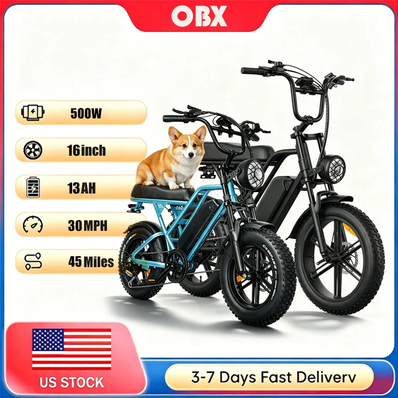 OBX Unisex Mountain Electric Bicycle 500W/1000W Motor 36V 13AH/48V 15AH Battery 16''/20'' Tire All Terrain Off-Road E-Bike