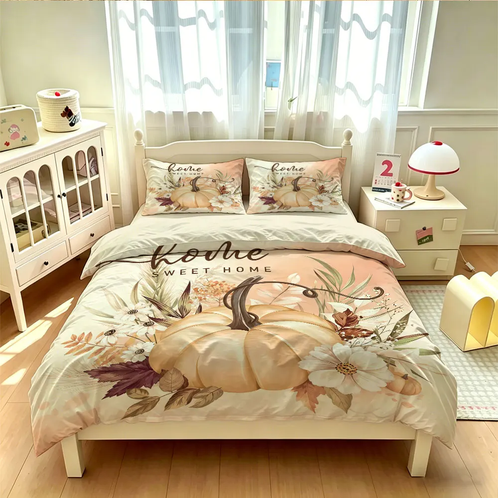 Vintage Fall Pumpkin Home Sweet Home 3Pcs Duvet Cover Set Floral Harvest Bedding Set Soft Farmhouse Bedroom Decor - Image 3