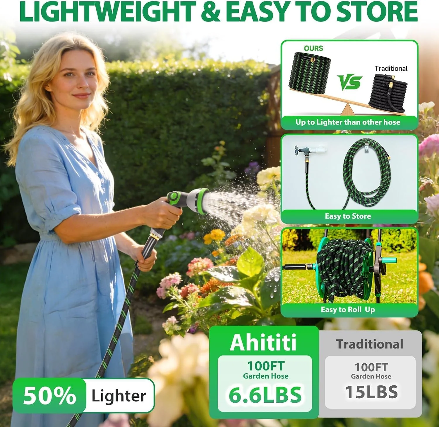 Upgraded Version of 100 Foot Non Retractable Garden Hose, Equipped with 10 Spray Mode Nozzles, lightweight and Flexible, anti Winding, with 3/4 inch Brass Joint, Explosion-Proof and Durable, Suitable for Outdoor Courtyards, Lawns and Car Washes - Image 3