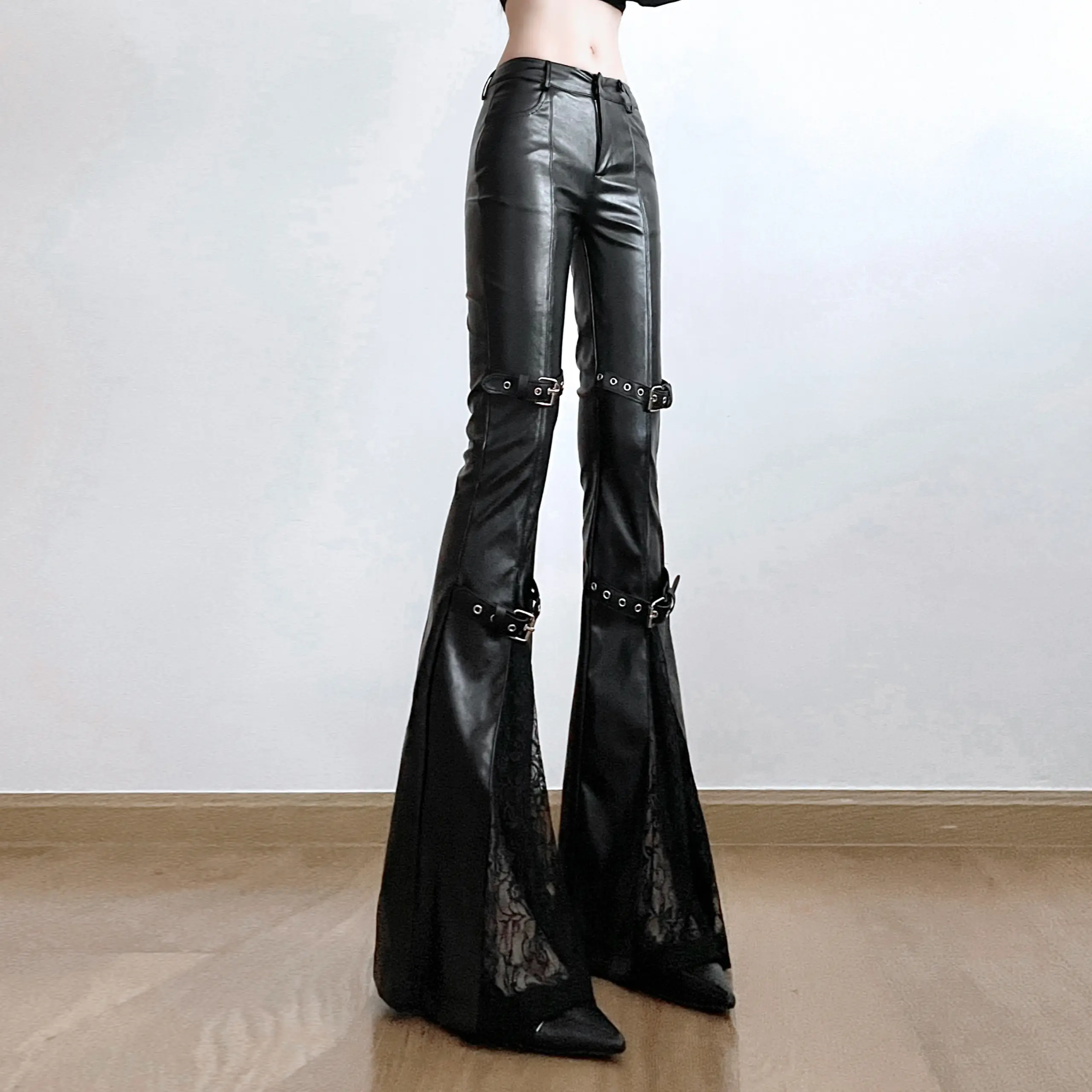 SUCHCUTE PU Leather Flare Pant Goth Buckle Lace Patchwork Pants Women Fashion Y2K Streetwear Vintage Aesthetics Casual Trouesrs - Image 2