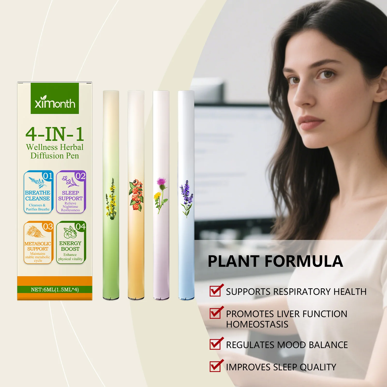 4 In 1 Air Freshening Pen Herbal Energy Stick Clear Breathing Boost Immunity Enhance Focus Improve Vitality Herbal Diffusing Pen