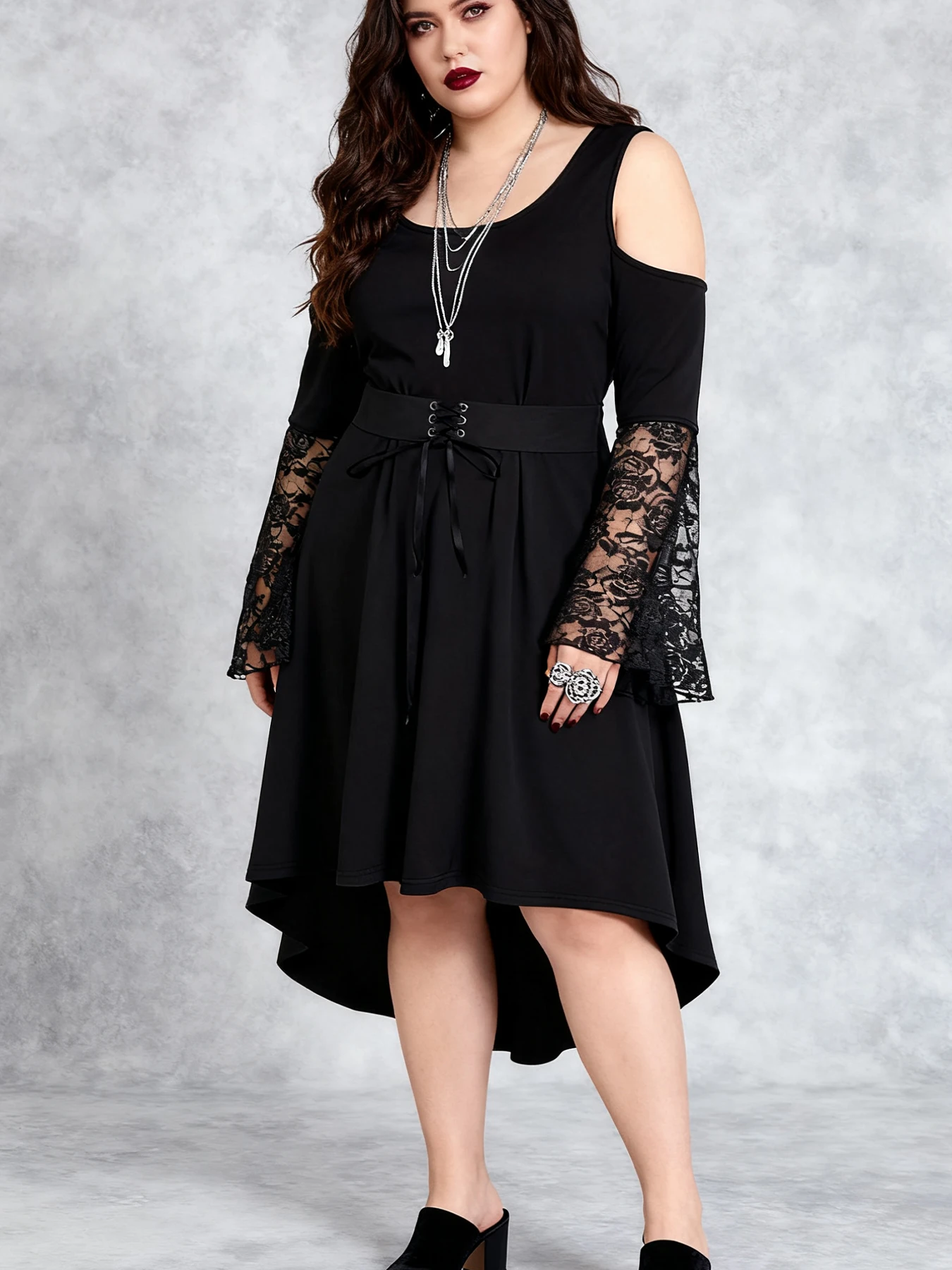 Plus Size Gothic Cold Shoulder Lace Bell Sleeve Midi Dress, Criss Cross Lace Up Waist Asymmetrical High Low Hem Long Sleeve - Image 2