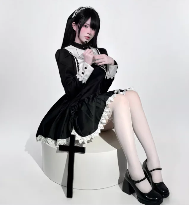 Plus Size Temperament Japanese Gothic Punk Subculture Dark COS Dress Fashion High Waist A-line Halloween Nun Irregular Dresses - Image 3