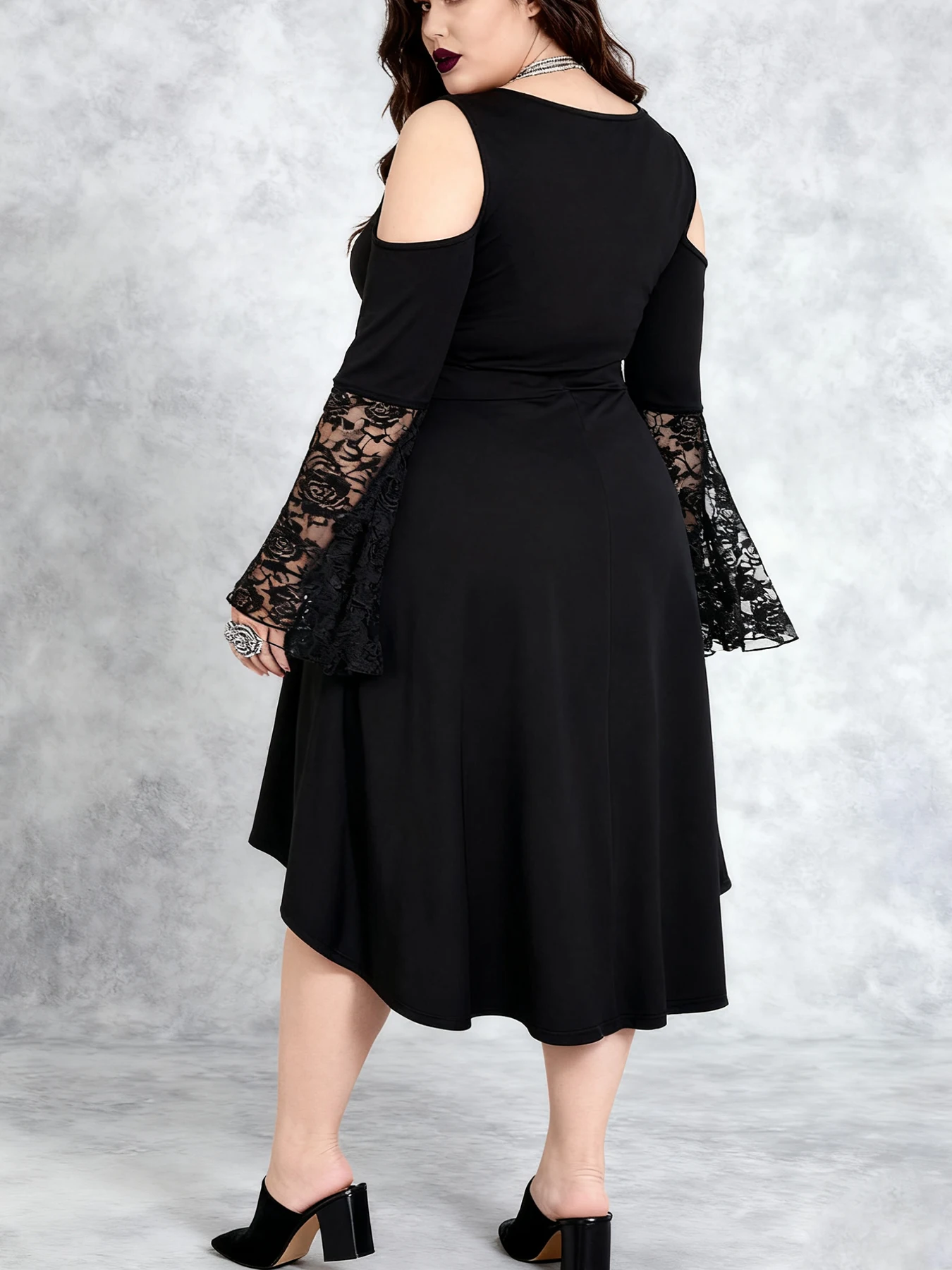 Plus Size Gothic Cold Shoulder Lace Bell Sleeve Midi Dress, Criss Cross Lace Up Waist Asymmetrical High Low Hem Long Sleeve - Image 4