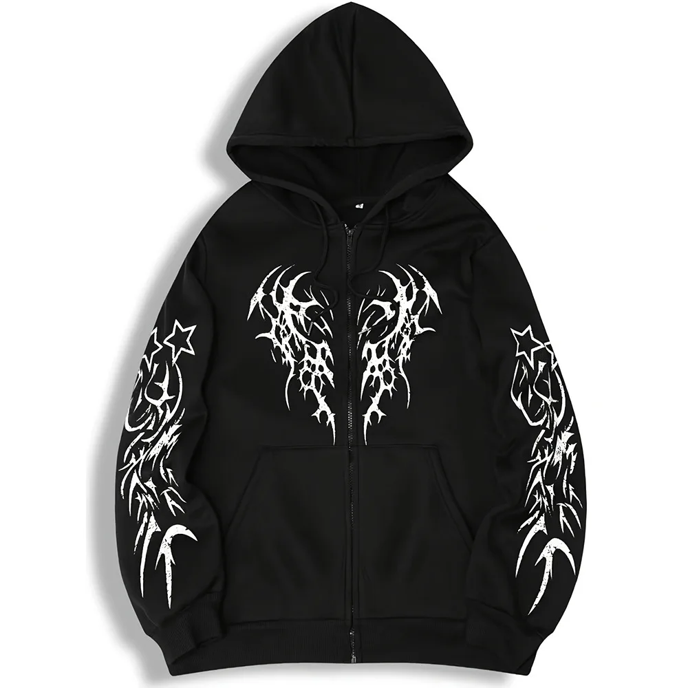 Men Women Gothic Thorn Print Zip Up Hoodie Y2K Streetwear Oversized Hooded Jacket Harajuku Punk Long Sleeve Sweatshirt Coat
