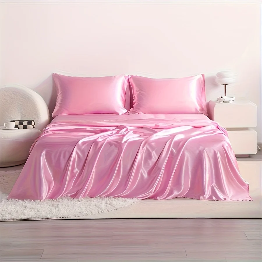 4pcs Cooling Satin Bed Sheet Set, Shrink-Resistant, Fade-Resistant, Hypoallergenic, Breathable, Flat Sheet & Fitted Sheet & Pill - Image 2