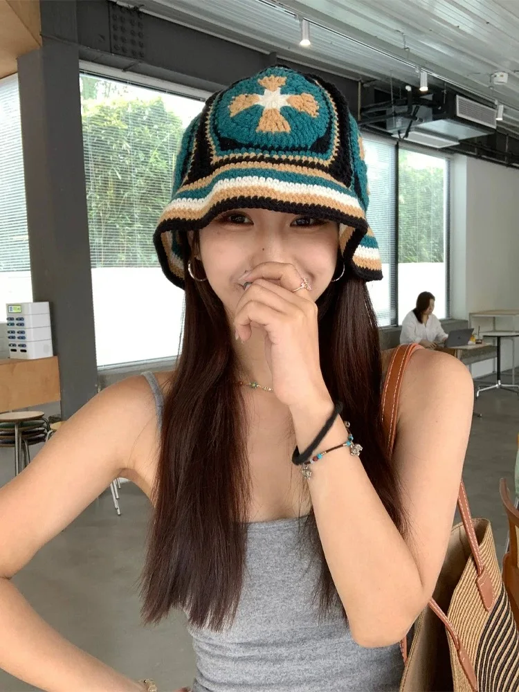 Winter Colorful Handmade Basin Hat Women Men Crochet Bucket Hat Panama Cap Rainbow Flower Knitted Hat Korean Style Beanies - Image 2