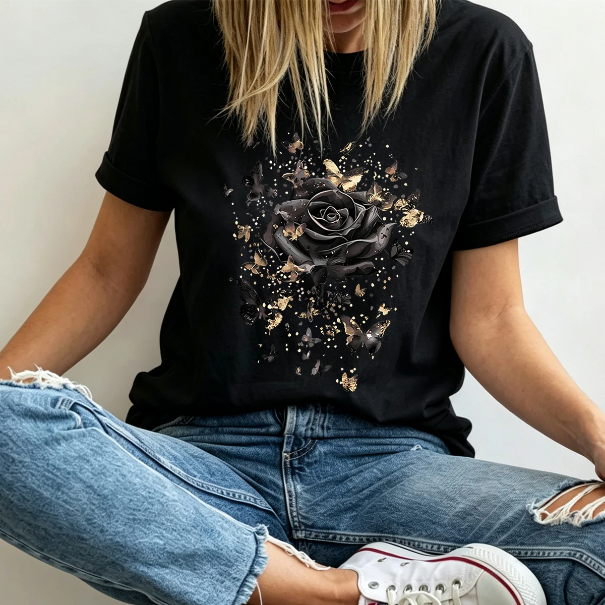 Women's Plus-Size Black T-Shirt with Rose Gold Glitter Butterfly Design — 100% cotton, oversized fit, crew neck, short sleeves; perfect for fans of gothic floral aesthetics and ideal for casual street style. - Image 3