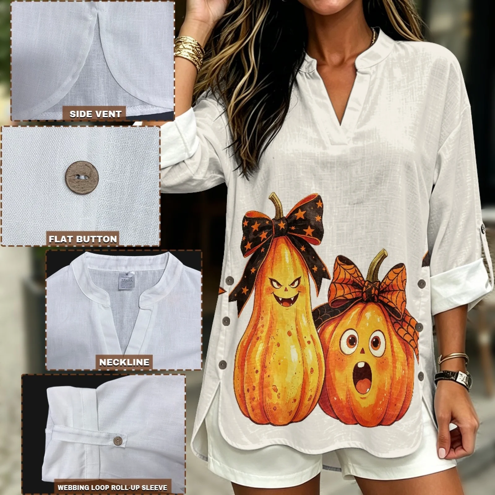 INSTANTARTS Women's Linen V-Neck Shirt Short Woman plus size clothing Sleeve T-shirts Women Poleras Blusas Autumn Solid Color - Image 6