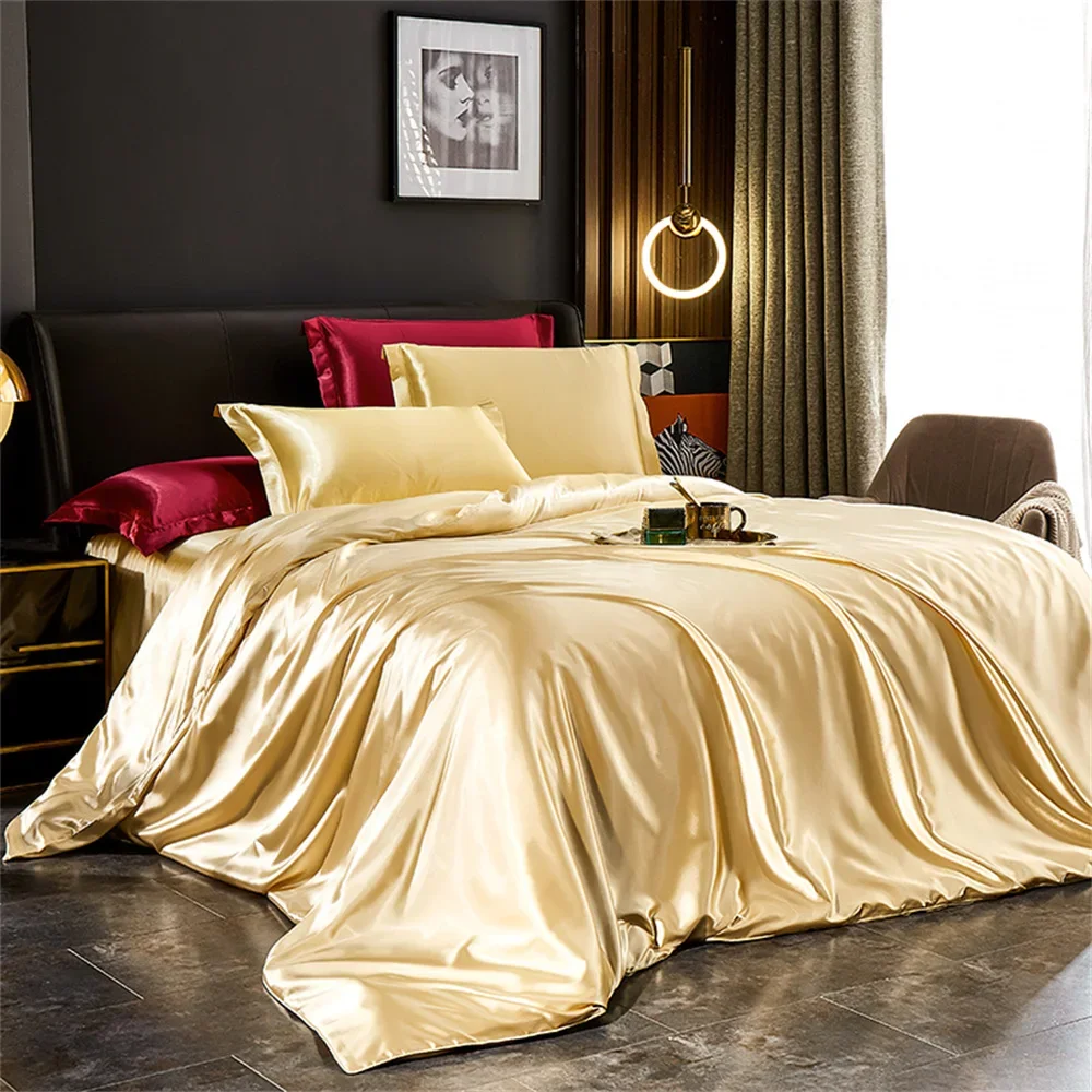 Solid Silk Bedding Set with Duvet Cover Bed Sheet Pillowcases Luxury Satin Single Double Bedsheet King Queen Twin Size - Image 2
