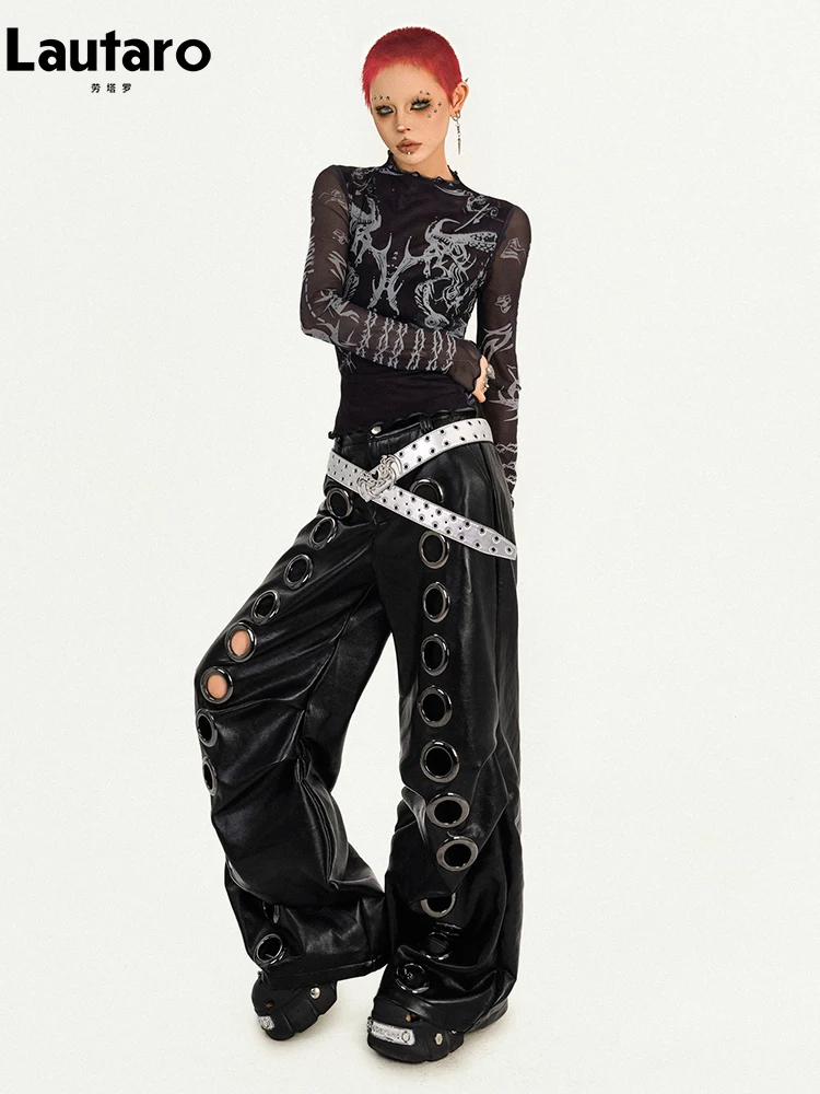 Lautaro Spring Cool Long Black Baggy Pu Leather Wide Leg Pants for Women with Many Holes Luxury Designer Emo Punk Clothes 2026 - Image 3