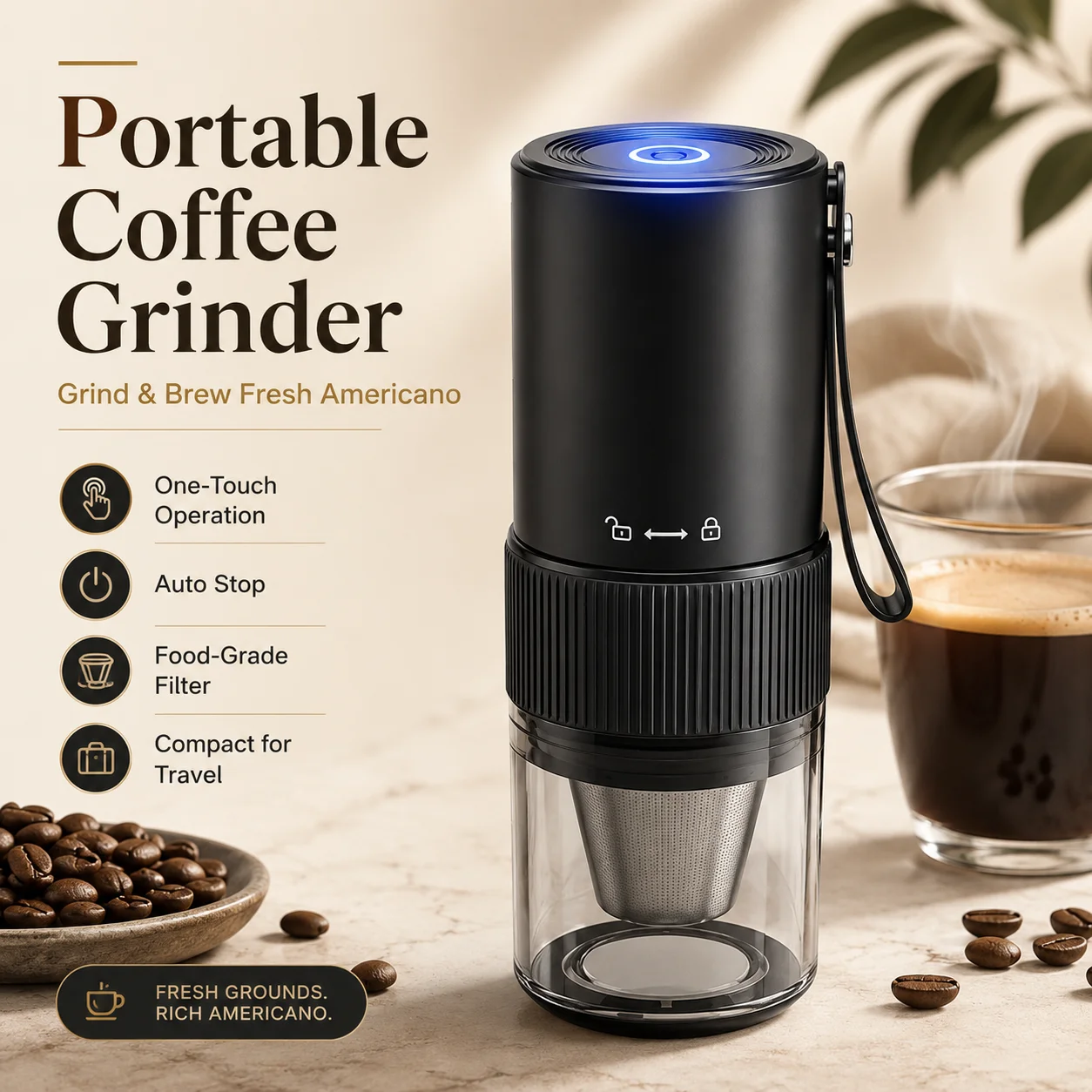 Portable Electric Coffee Grinder With Adjustable Coarseness, Auto Stop, 2000mAh Battery And Reusable Stainless Steel Filter