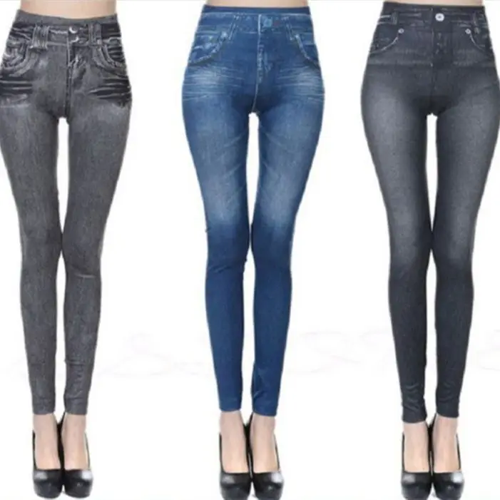 2024 Push Up Seamless High Waist Faux Denim Leggings Women Casual Elastic Pocket Jeans Print Pants Skinny Pencil Leggins Mujer - Image 3
