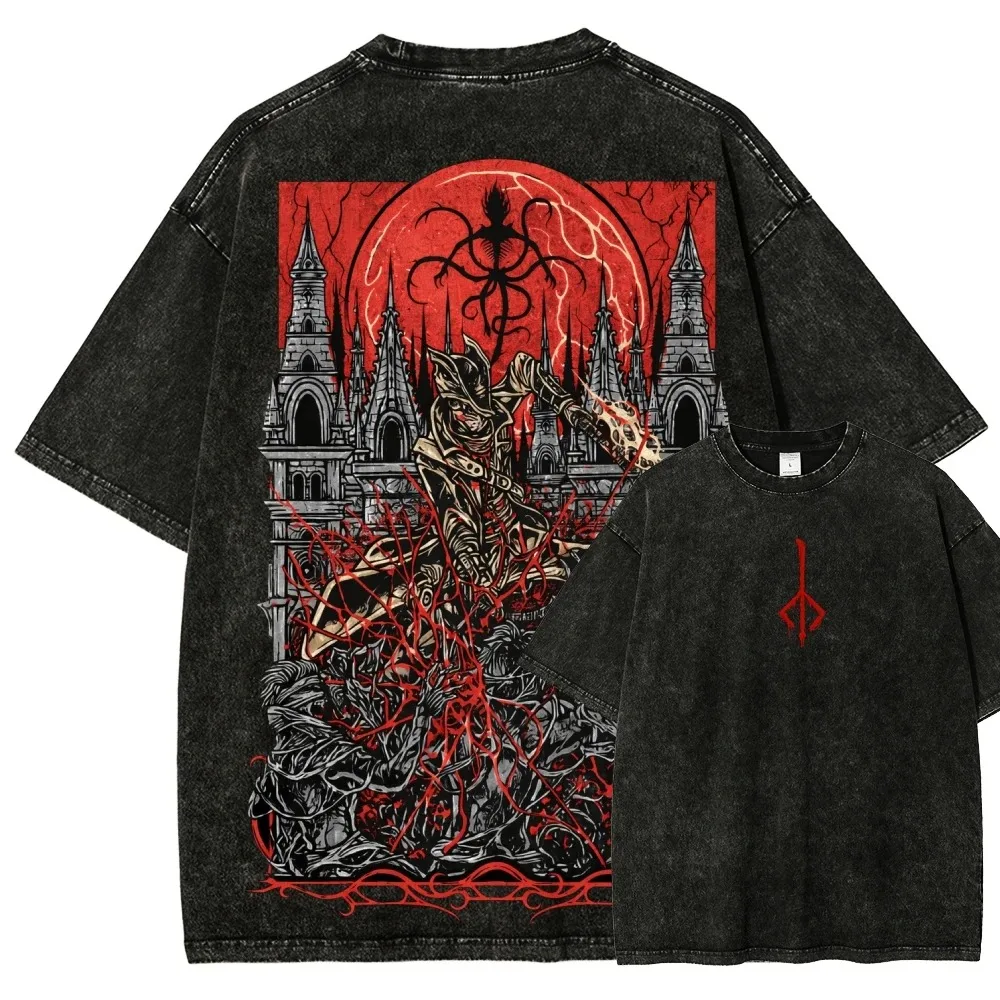 Washed Vintage Bloodborne T Shirt Men Women Beast Wolf Red Moon Horror Gothic Dark Game Graphic Cotton Unisex Streetwear Tee - Image 3