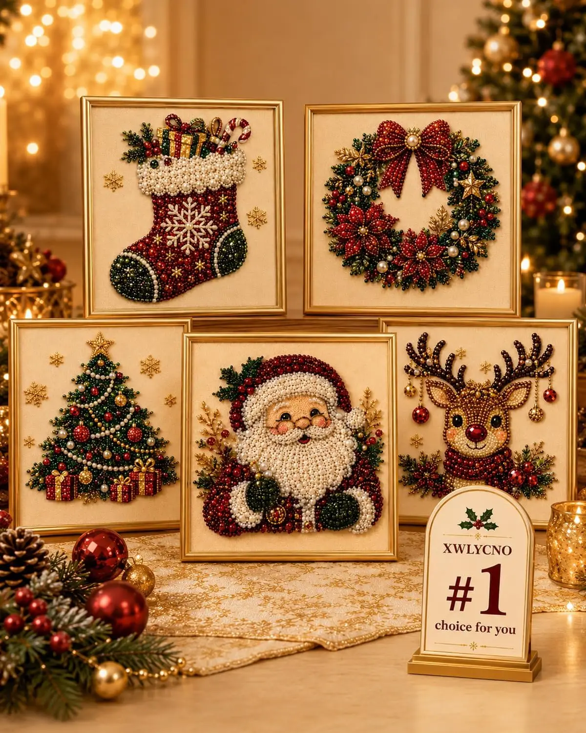 DIY Christmas Pearl Diamond Painting Art Kit with Frame, Christmas Ornaments for Adults, Relaxing & Beginner-Friendly Pearl Diamond Painting Hanging Kit for Home Wall Decor