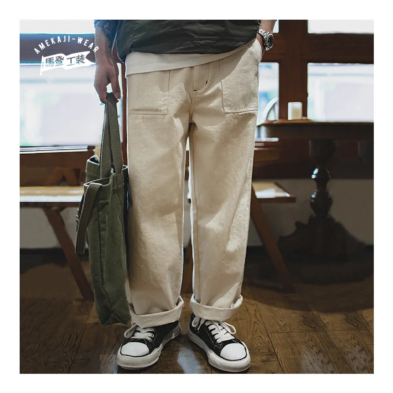 Maden Vintage 11.2oz White Cottonseed Hull Jeans Casual Loose Fit Straight Trousers for Men's Spring and Fall Chino Cargo Pants - Image 2