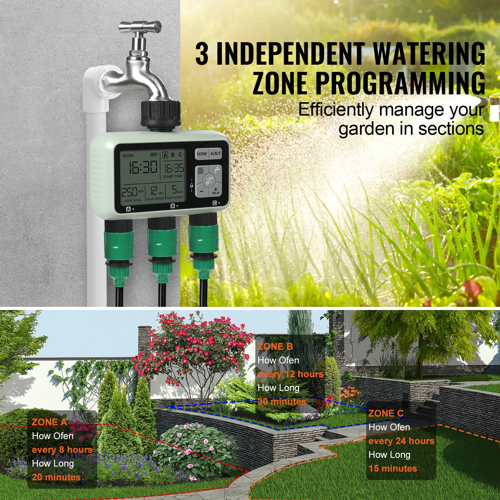 SucceBuy Water Timer 3 Outlets Hose 3 Independent Watering Zone LCD Display Rain Delay Mode Manual Mode Watering Sprinkler Timer - Image 2