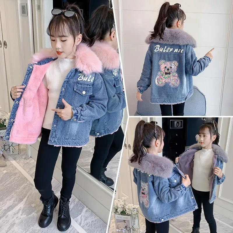 Korean Winter Girl Denim Jacket Cartoon Sequined Bear Plus Velvet Girl Outerwear Coat 3-14 Years Kids Teenage Girl Parka