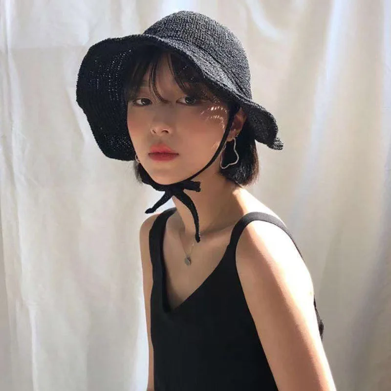 Summer Straw Sun Hat for Women Japanese Cute Strap Cap Summer Travel Versatile Sunscreen Wide Brim Bucket Hats - Image 4