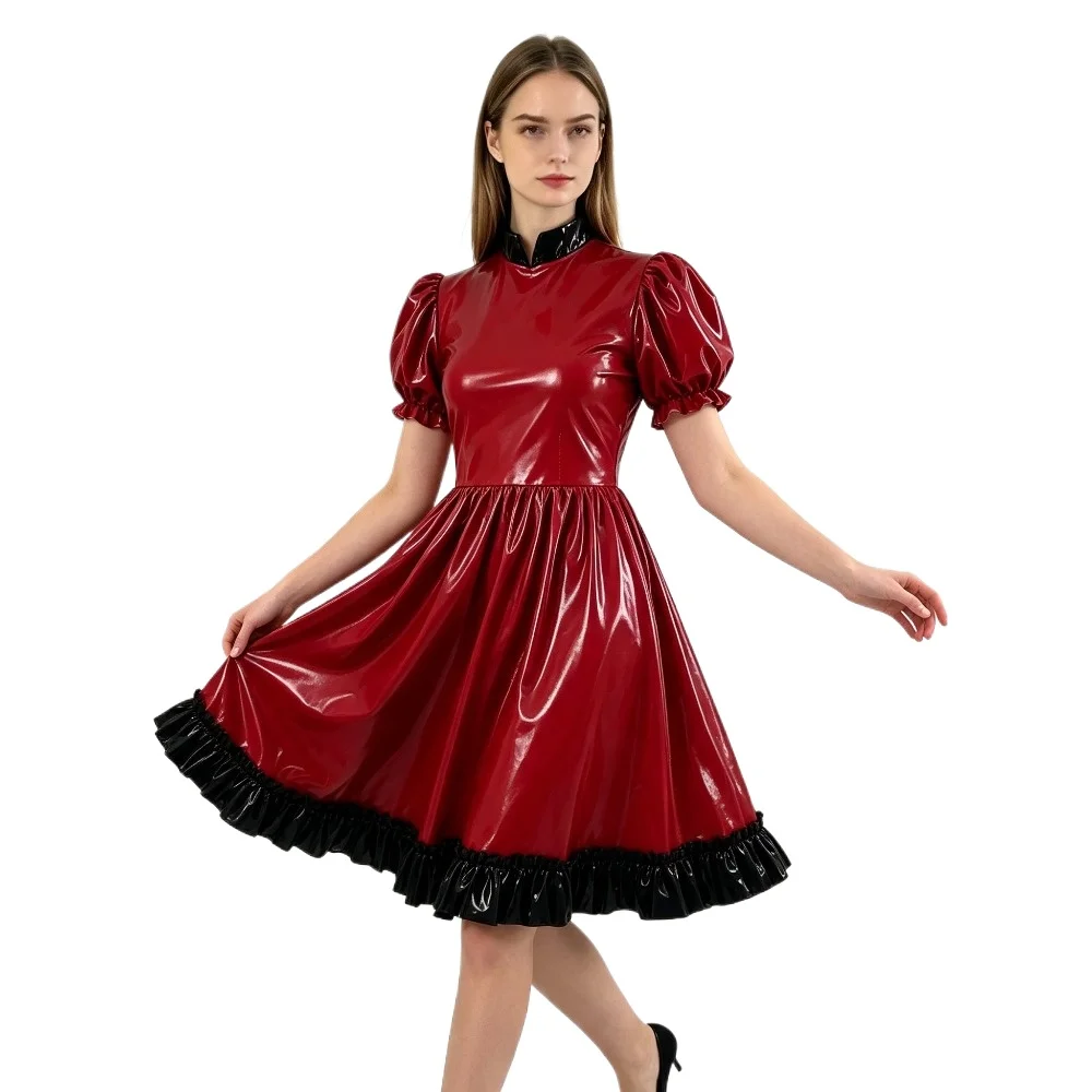 Plus Size Gothic Women Shiny PVC Leather Mid Dress Puff Short Sleeve Stand Collar Black Ruffle Trim A-line Dresses Party Outfit