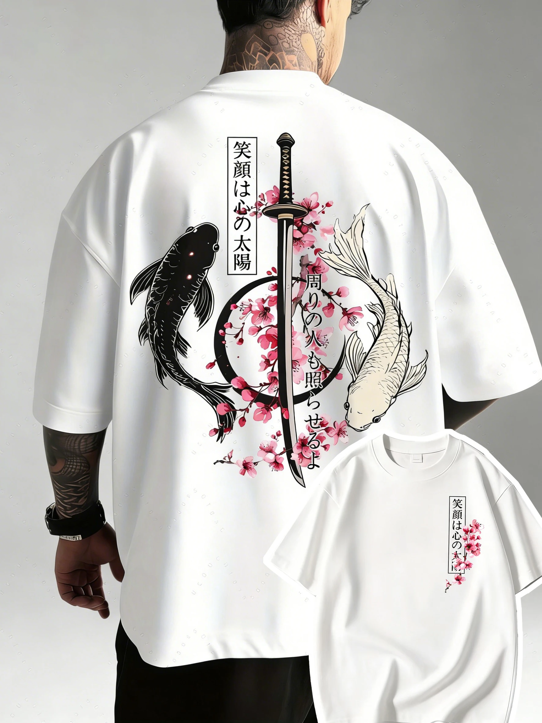 Summer Hot Japanese Yin Yang Koi Fish & Samurai Sword Pattern Cotton Men’s T-Shirt Short Sleeve Tees Casual Oversized Unisex Top