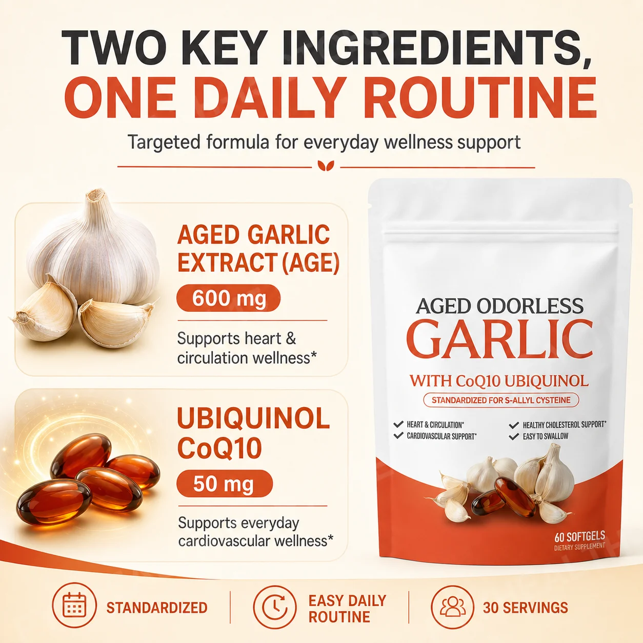 Odorless Aged Garlic Extract Softgels, 600mg AGE with 50mg CoQ10 Ubiquinol, Standardized S-Allyl Cysteine, Lifestyle, 60 Count - Image 4