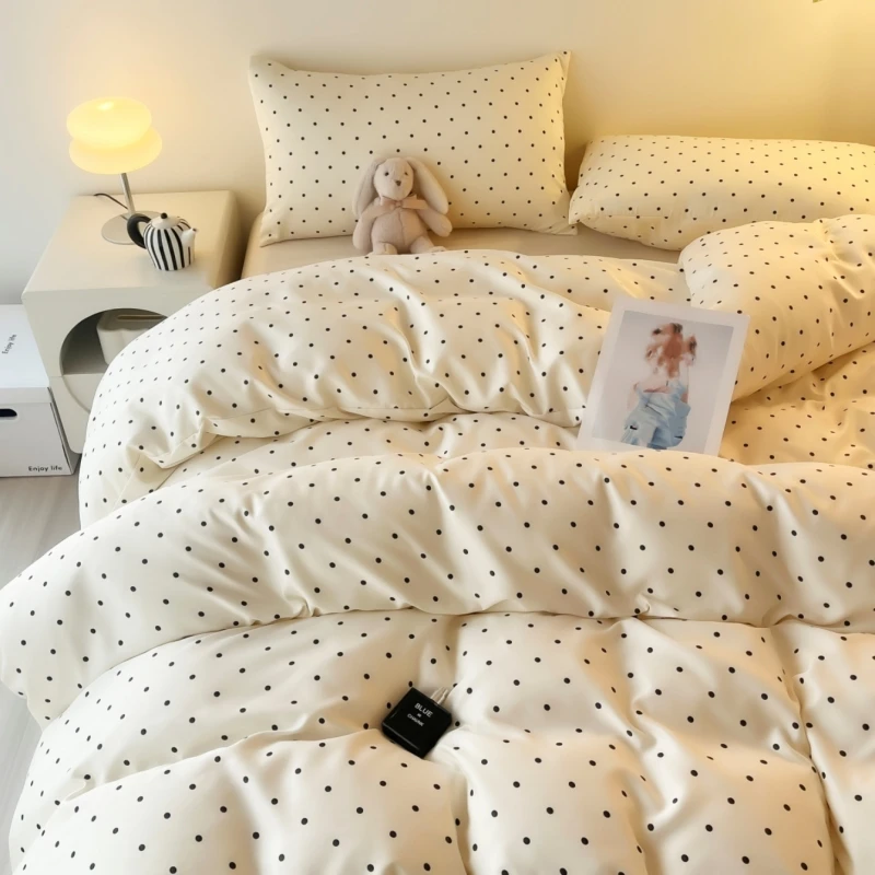 3pcs Satin Duvet cover set (1*Duvet Cover + 2*Pillowcase, Without Core), Black dot print Bedding Set, Soft Comfortable - Image 6