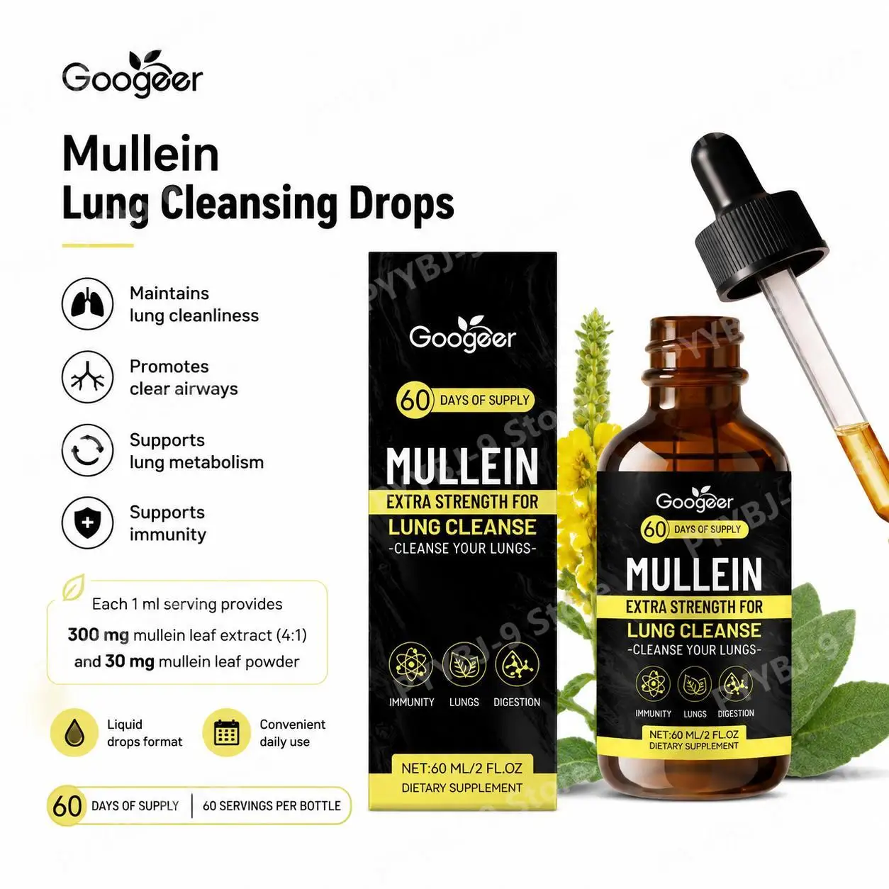 Googeer Mullein Lung Cleansing Drops, Mullein Leaf Extract, Clear Airways & Respiratory Support, Extra Strength, 60 Doses