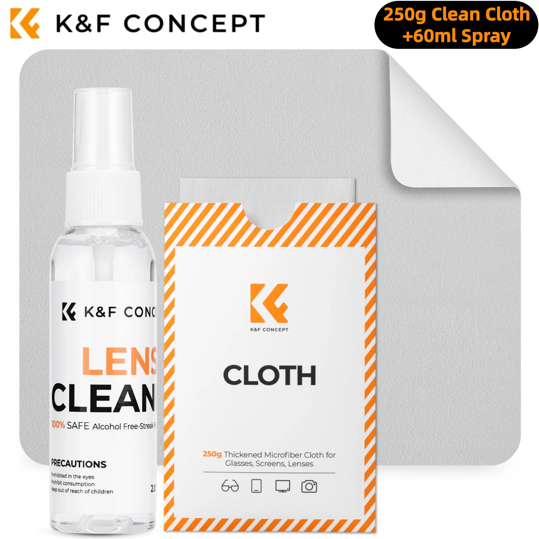 K&F CONCEPT 6x7inch 250g Premium Microfiber Cleaning Cloths+60ml Cleaner Spray for Camera Lens, Eyeglasses,Laptop Phone Screens