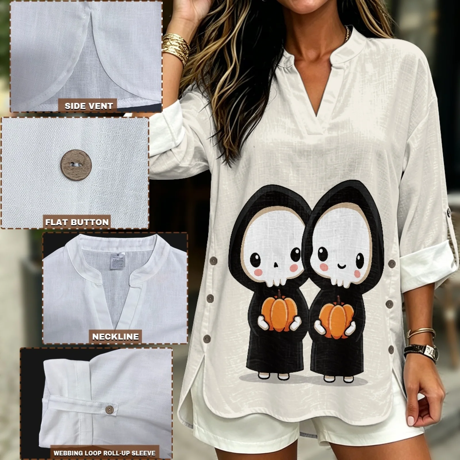 INSTANTARTS Women's Linen V-Neck Shirt Short Woman plus size clothing Sleeve T-shirts Women Poleras Blusas Autumn Solid Color - Image 6