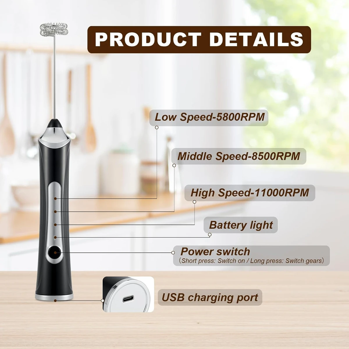 Handheld Milk Coffee Frother Rechargeable Electric Whisk Drink Mixer For Latte Cappuccino Hot Chocolate Egg Kitchen Whisk Gadget - Image 3