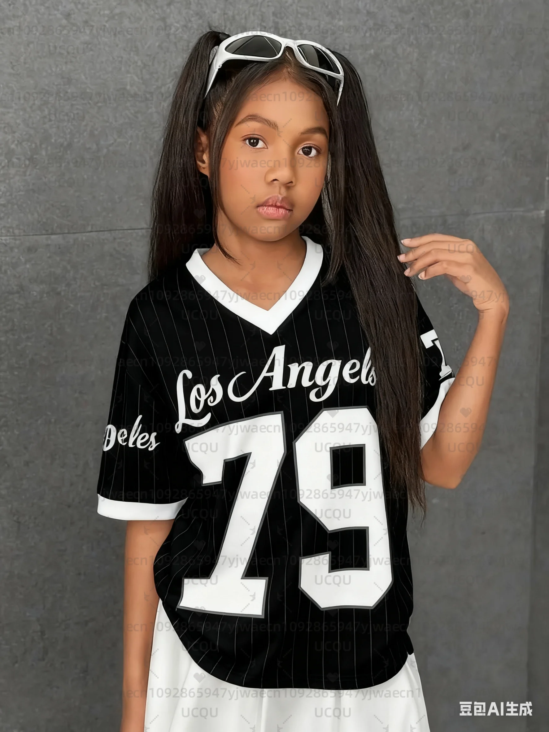 Girls Casual Sports Style Los Angeles NO.79 Print Short Sleeve V-Neck Women's Children Men's T-shirt Tops - Image 6
