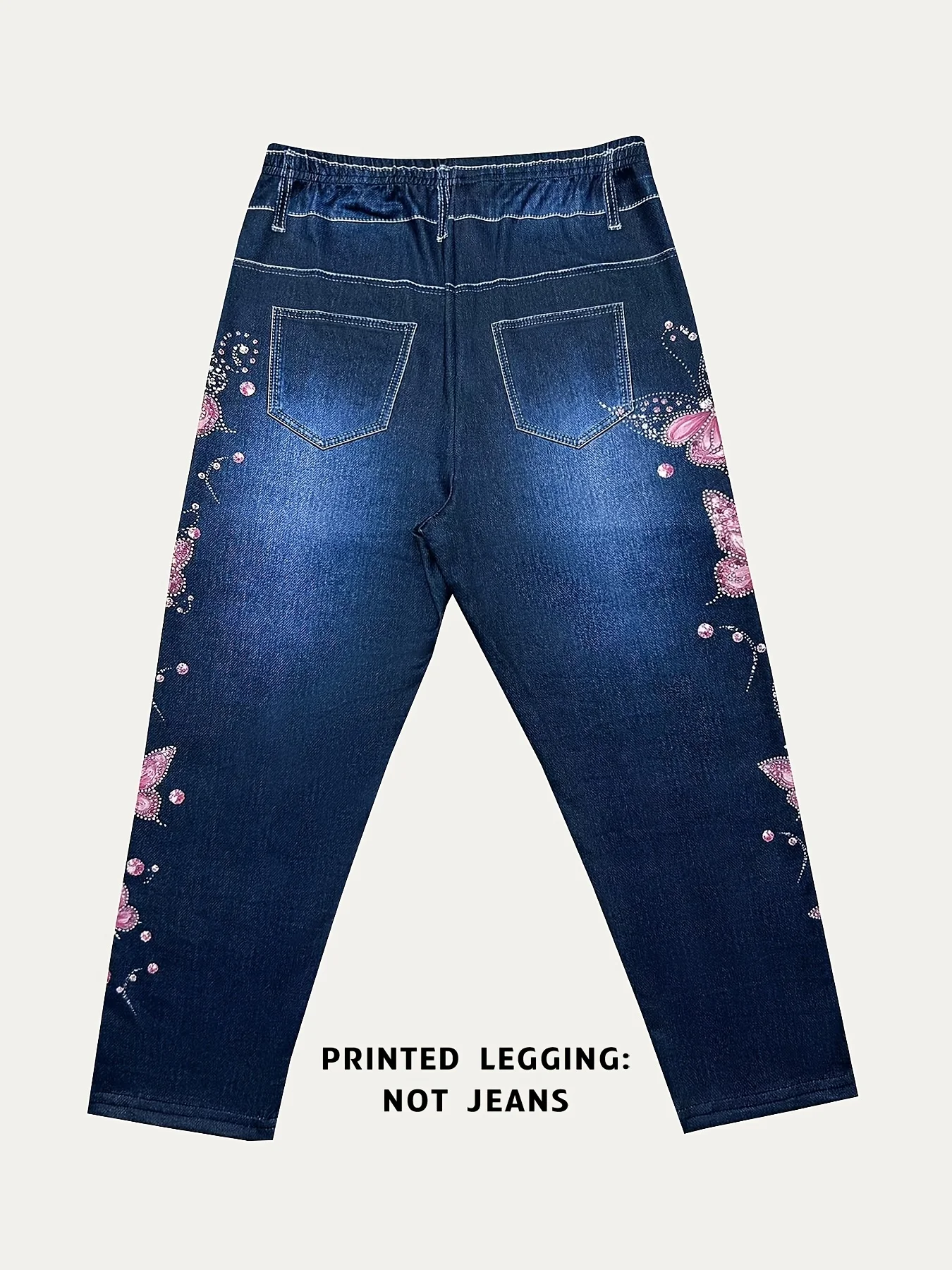 Women High Waist Slim Fit Floral Print Fake Denim 7/8 Cropped Capri Pants, Suitable For Daily Casual & Sports Wear - Image 5